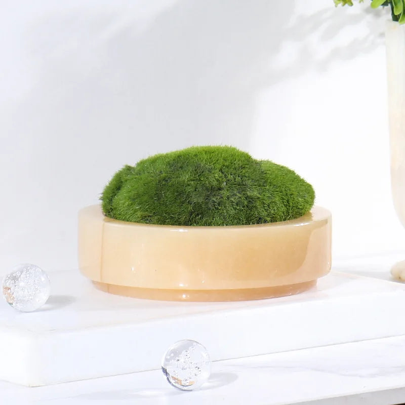 Natural Marble Stone Moss Flower Pot - Luxury Round Desktop Planter