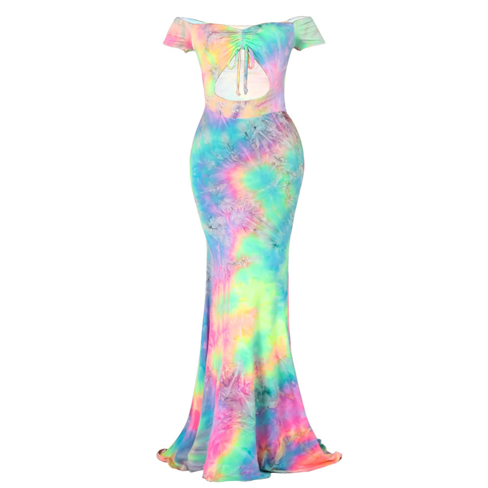 European And American Off-shoulder Navel Tie-dyed Dress