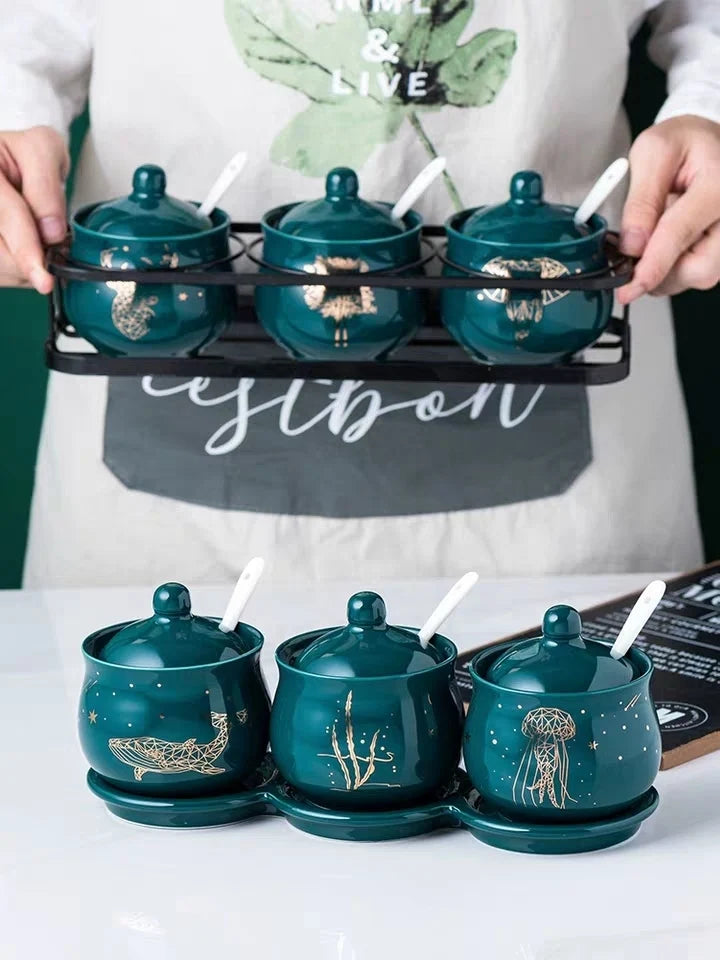 Creative Nordic Style Light Luxury Emerald Ceramic Seasoning Jar Set