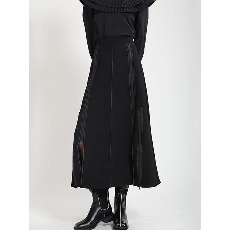 Chic Black Mid-Calf Casual Skirt with Elastic Waist and Side Slit