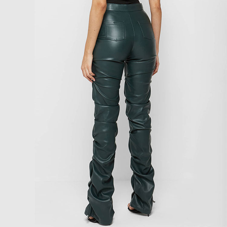 European And American Fashion Tight PU Leather Trousers Personalized Shrinkage Bootcut Trousers Women