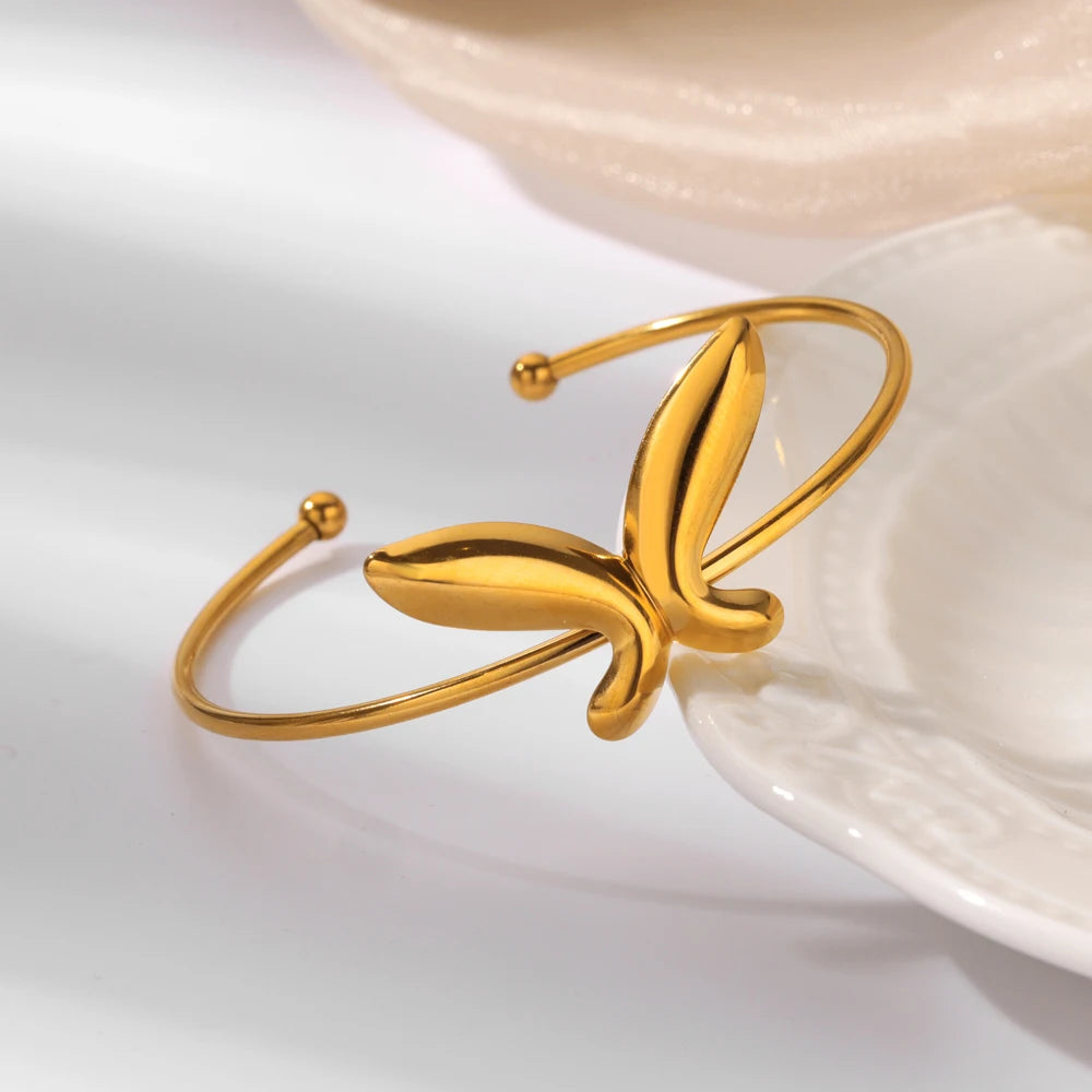 Delicate Butterfly Cuff Bracelet - Trendy Gold Stainless Steel Bangle