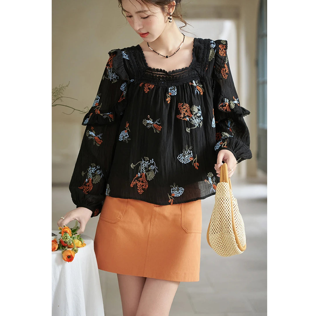 Korean Embroidered Dandelion Blouse with Lace Square Neck