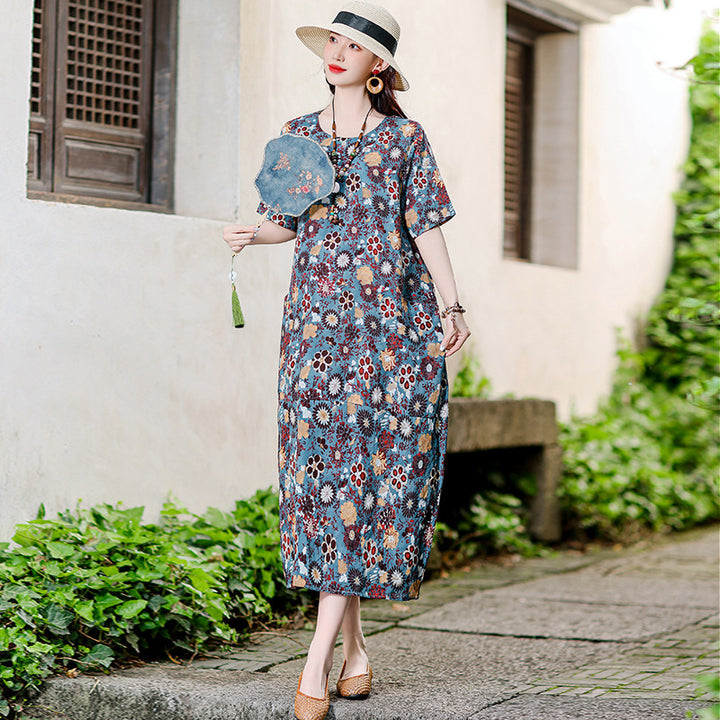 Women's Casual Versatile Cotton And Linen Floral Dress