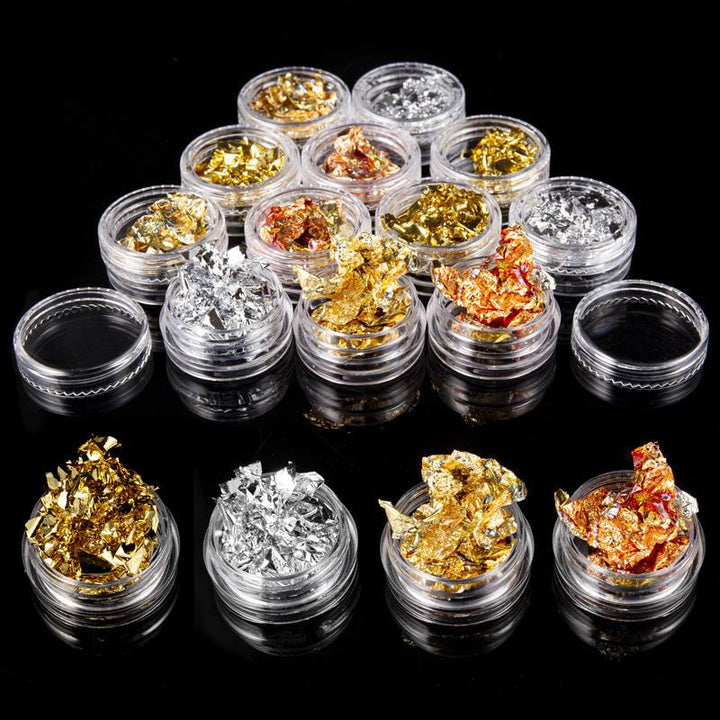 12 Pot Gold Silver Nail Art Glitter Foil Paillette Chip Set