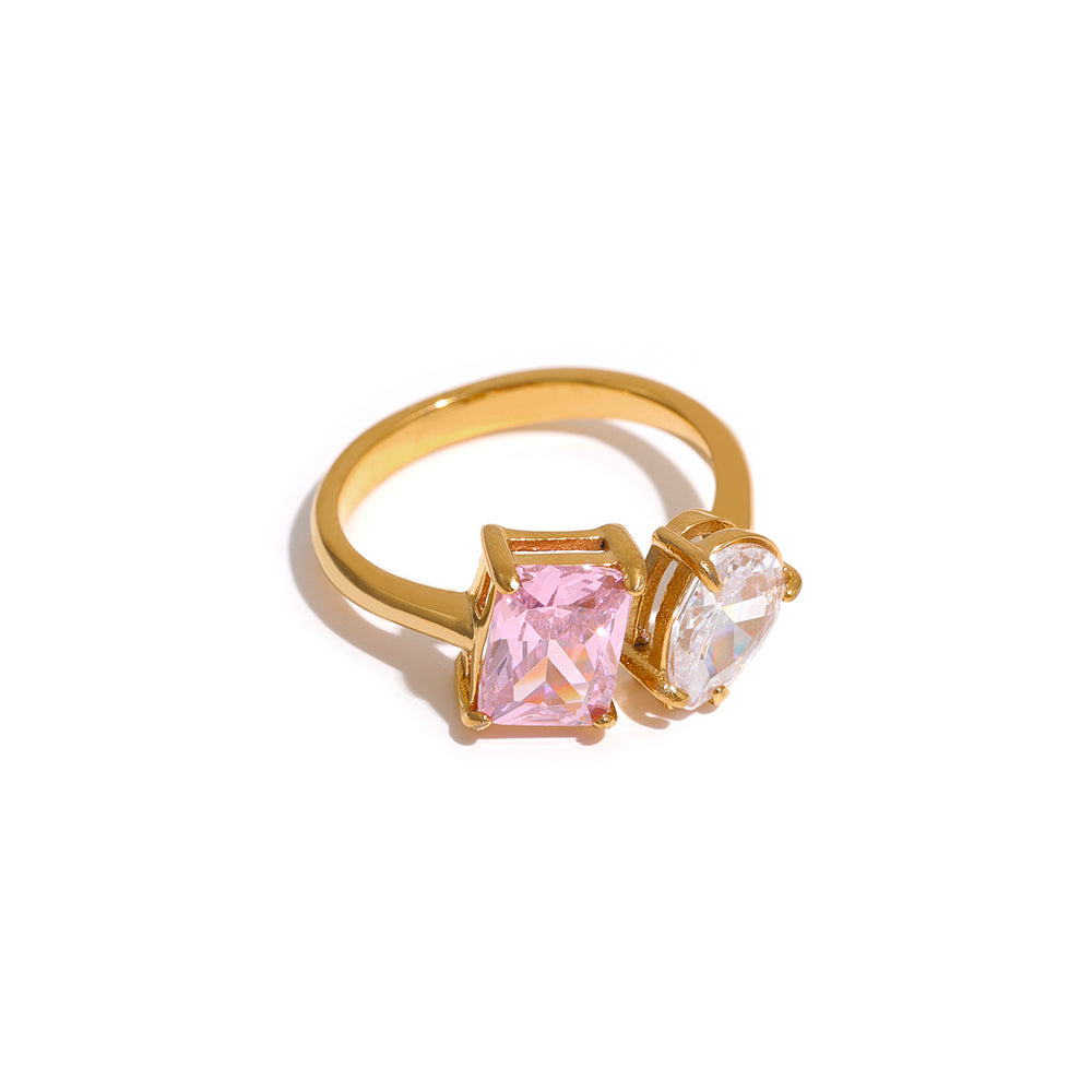 Waterproof Adjustable Open Ring with Pink and Green Cubic Zirconia