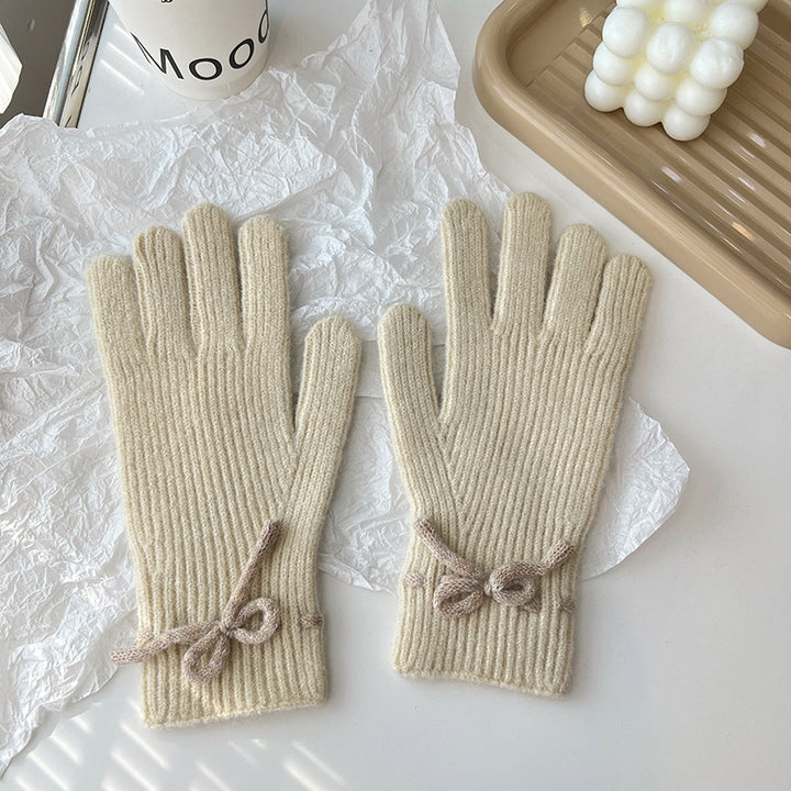 Autumn And Winter New Bow Pure Color Warm Keeping Finger Gloves