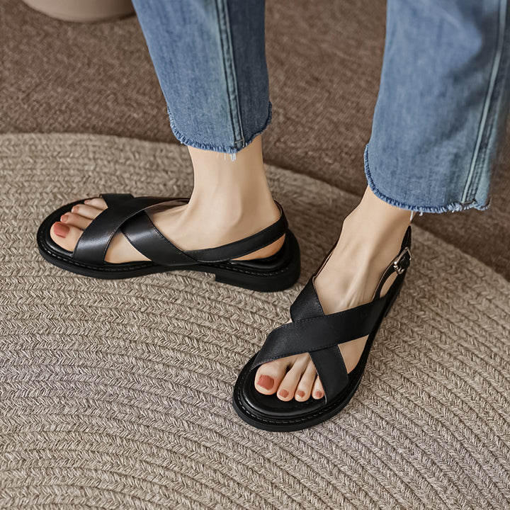 Low Heel Open Toe Leather Gladiator Sandals for Women