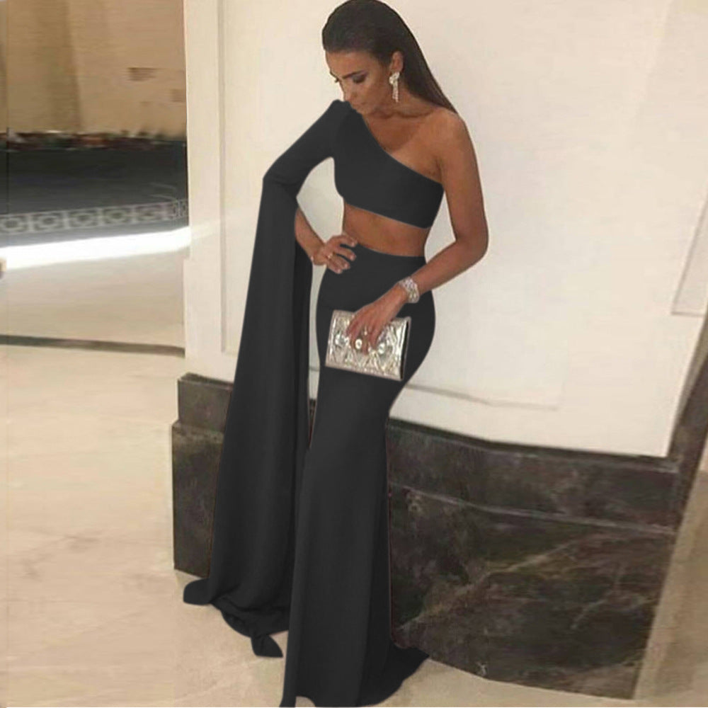 New One-shoulder Sleeve Exposed Navel Formal Dress