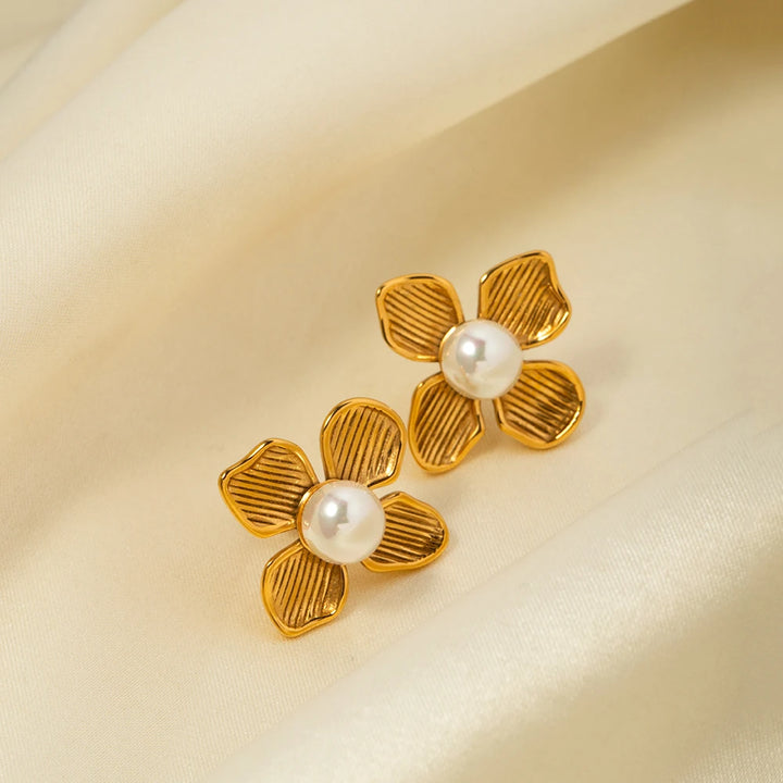 18K Gold Plated Stainless Steel Flower Earrings with Shell Beads