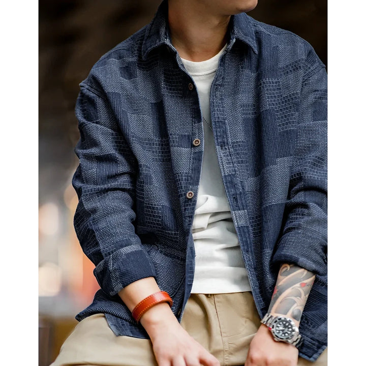 American Retro Jacquard Splicing Denim Shirt