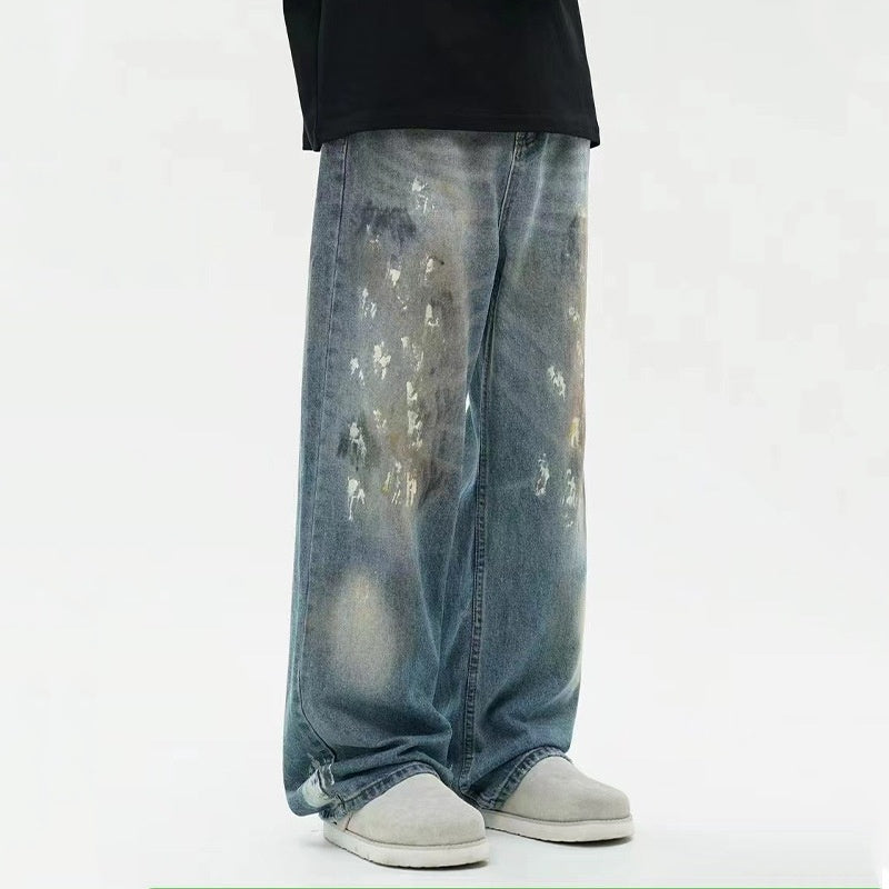 Men's Splash-ink Paint American Retro Loose Straight Wide-leg Pants