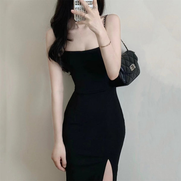 Young Hot Girl Pure Desire Style Design Sense Adult Lady Like Woman Black Slit Hip Dress