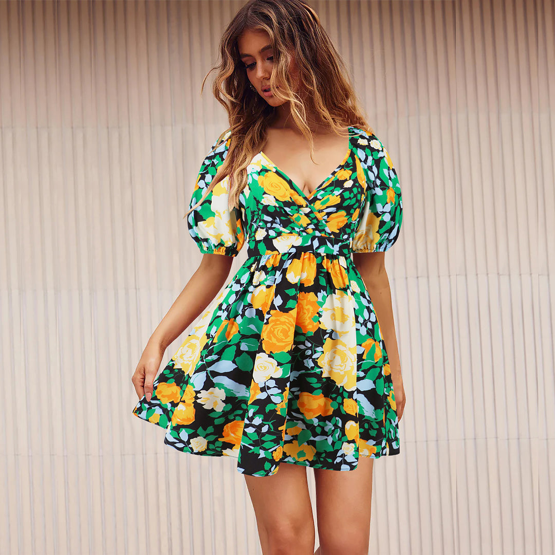 Flowers Print V-Neck Lantern-sleeve Dress Y2K Summer Vacation Beach Short Dresses Fashion Womens Clothing