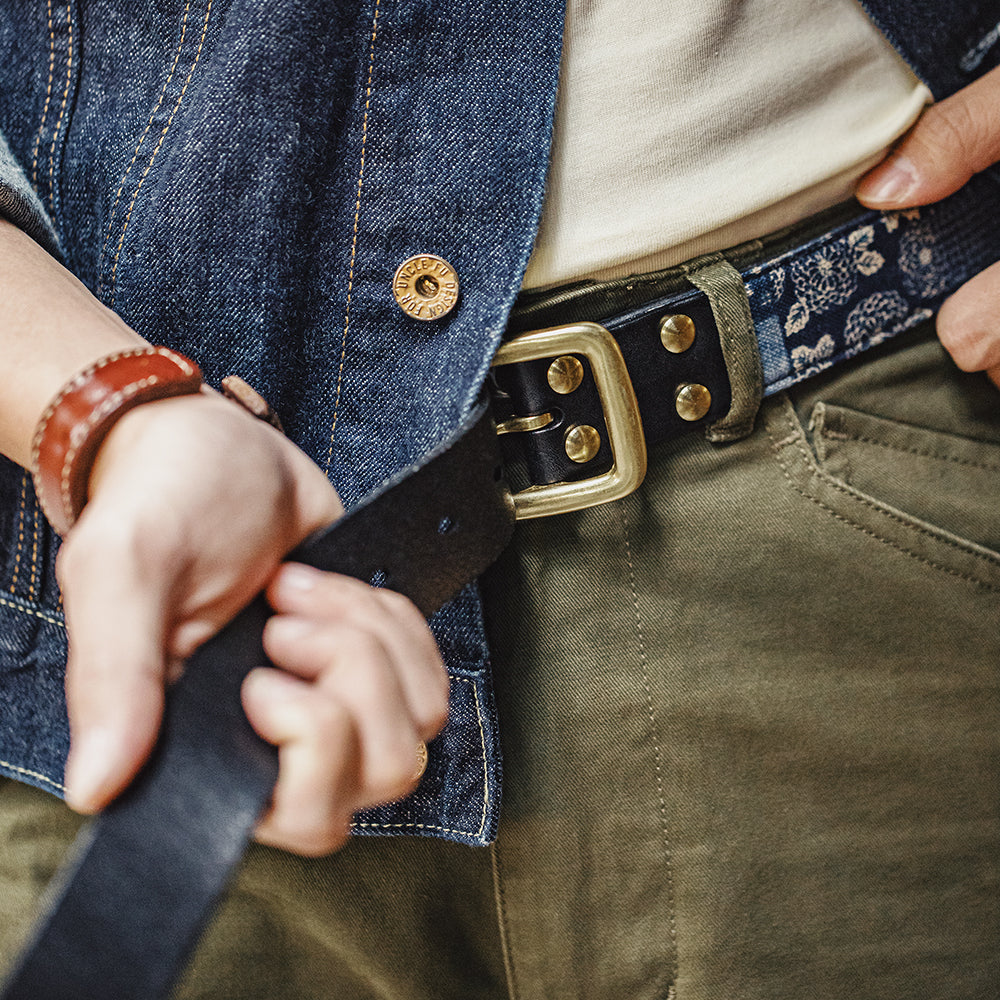 Vintage Cowhide Printed Boro Style Belt with Pin Buckle for Men