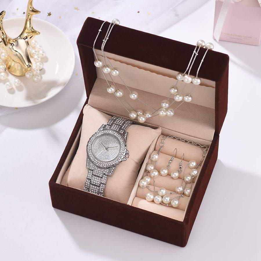 Fashion Creative Diamond Full Diamond Round Watch Pearl Bracelet Earring Necklace - Trendha