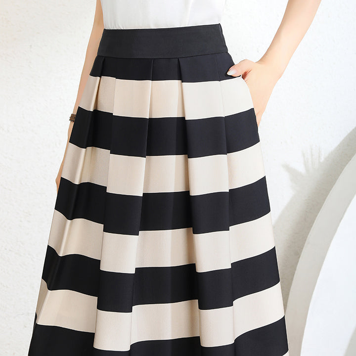 Elegant Striped Mid-Calf Pleated Skirt