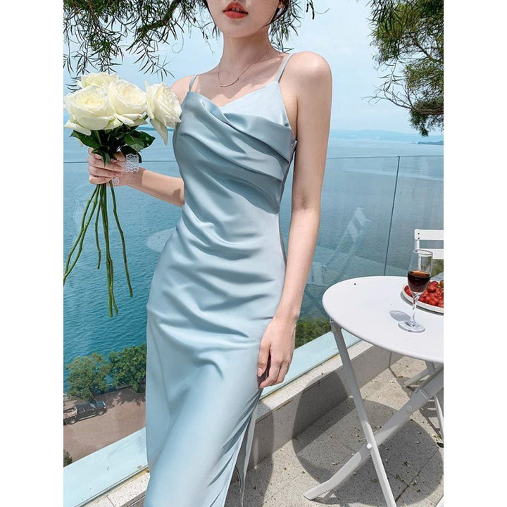 French Style Blue Sling Dress Women's Summer Satin