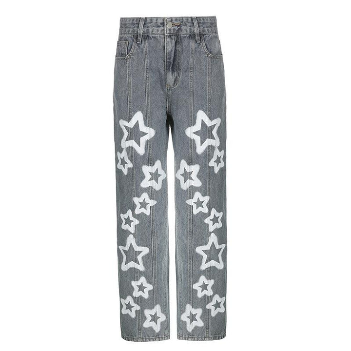 Five Pointed Star Printing Used Washed Jeans - Trendha