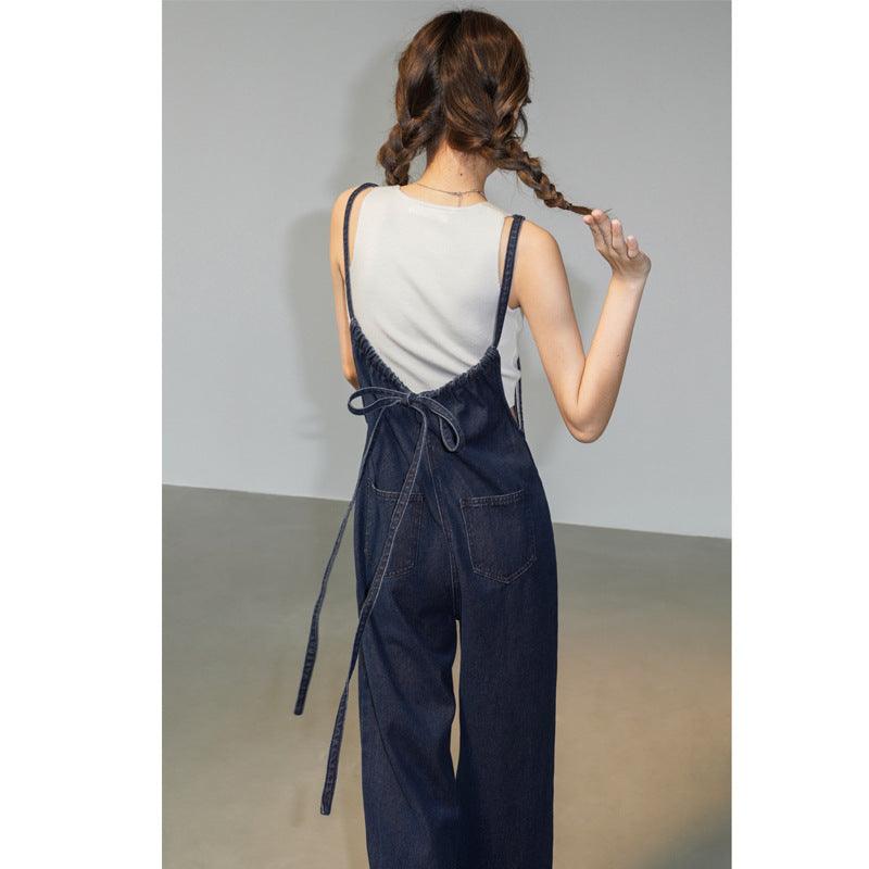 French Denim Suspender Pants Summer Women's Thin Design Loose Wide-leg Straight Pants - Trendha