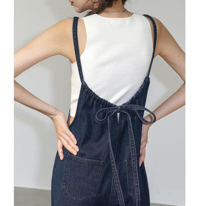 French Denim Suspender Pants Summer Women's Thin Design Loose Wide-leg Straight Pants - Trendha