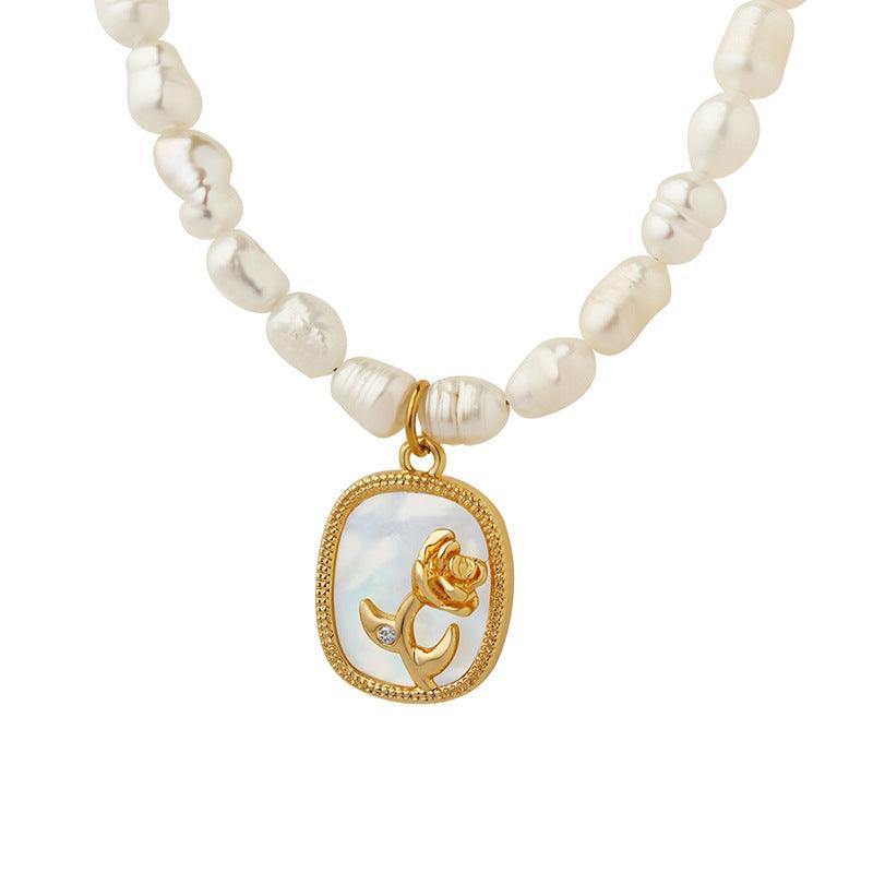 Fresh Water Pearl Chain Oval Brand Inlaid Zircon Color Shell Embossed Flower Necklace - Trendha