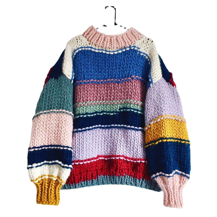 Hand-woven Rainbow Striped Contrast Color Sweater Coat - Trendha