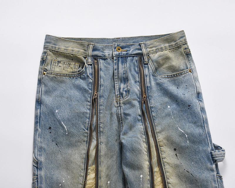 High Street Trendy Brand Long Zipper Split Burnt Out Speckled Ink Jeans - Trendha