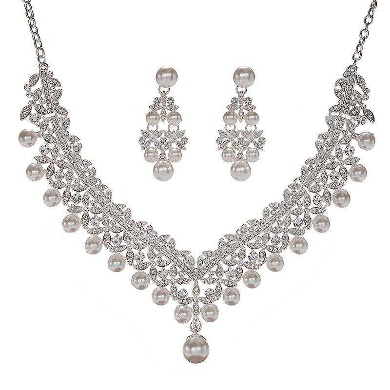 Imitation Pearl Necklace Earrings Two-piece Set - Trendha