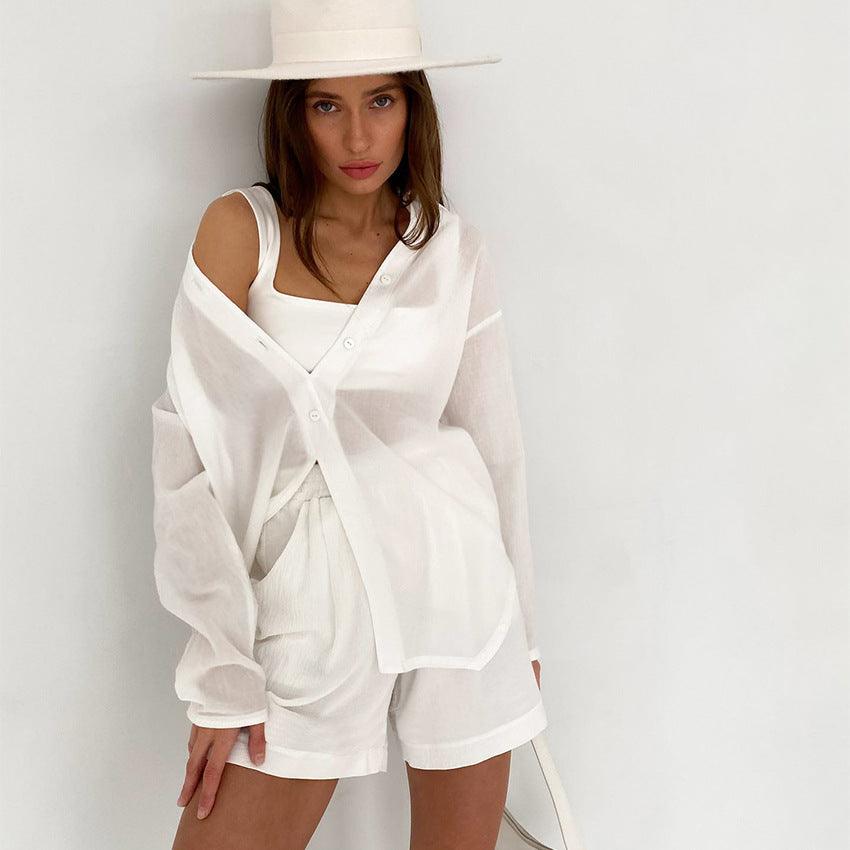 Loose Fitting White Niche Casual Set With Shorts - Trendha