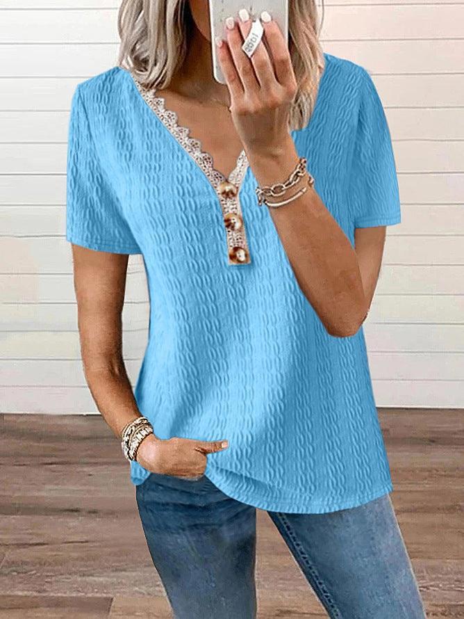 Loose V-neck Casual Lace Button Short Sleeve T-shirt Top - Trendha