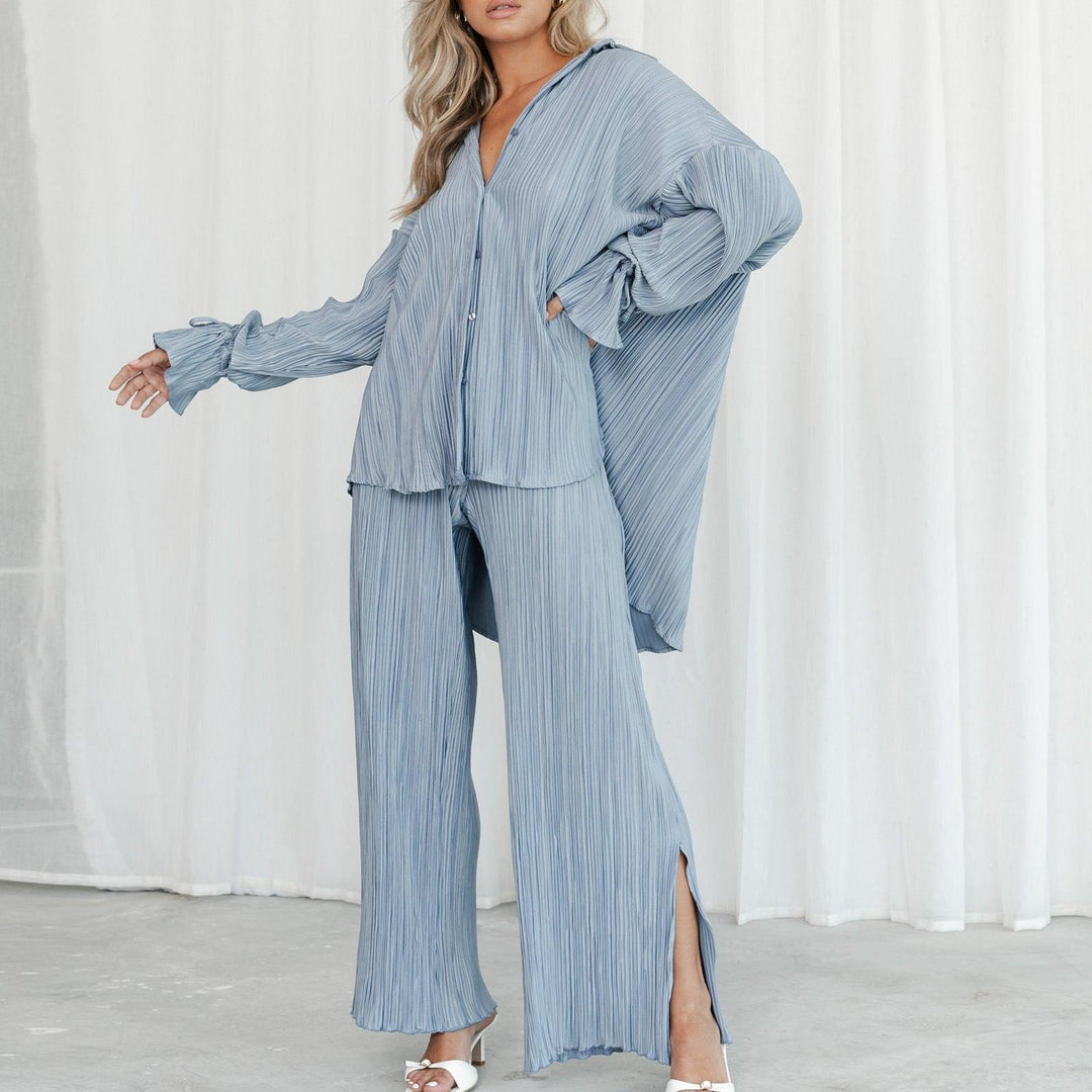 Pleated Shirt Long Sleeve Split Pajamas Two-piece Set - Trendha