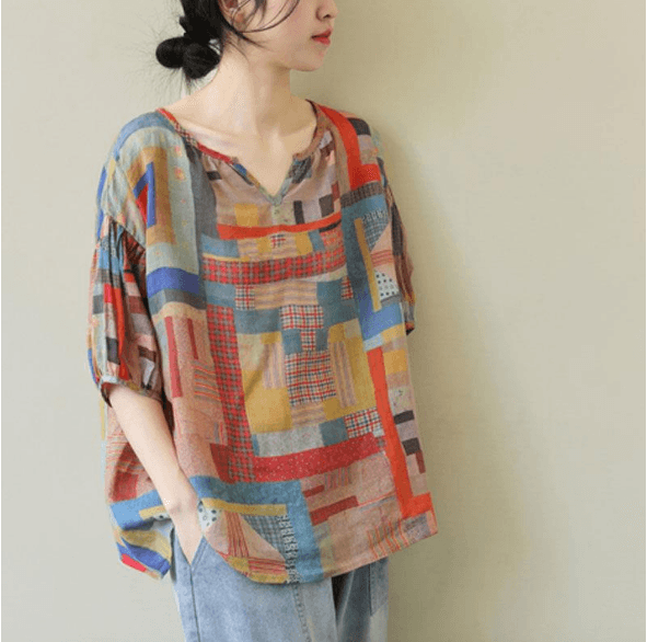 Plus Size Loose Artistic Short-sleeved Blouse Trendy V-neck Irregular Pattern Print Casual Thin T-shirt - Trendha