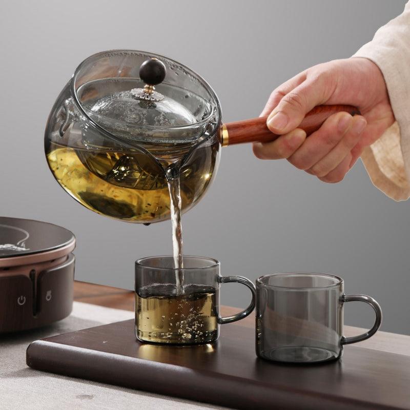 Semi-automatic Rotary Heat-resistant Glass Teapot Lazy Tea Making With Infuser And Wooden Handle Office Home Accessories Kitchen Gadgets - Trendha