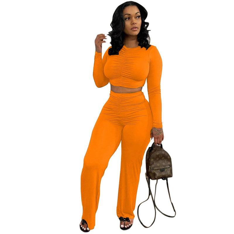 Solid Color Casual Long Sleeves Top New Sports Trousers Two-piece Set - Trendha