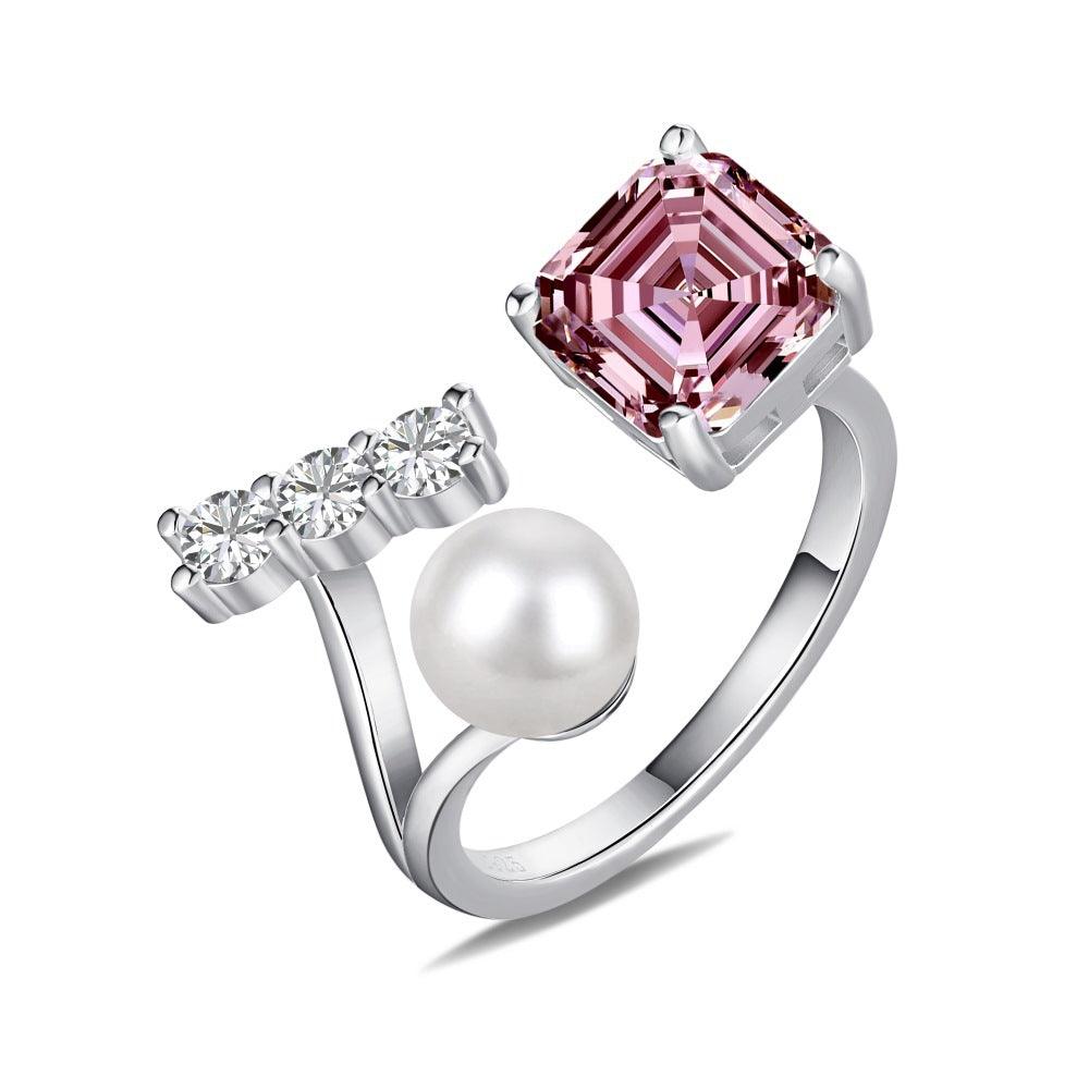 Sterling Silver Pearl Ring Square Zircon Ring Opening Adjustable - Trendha