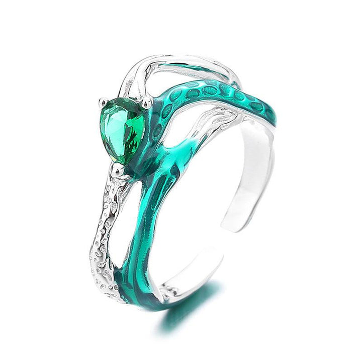 Sterling Silver Serpentine Staggered Green Line Zirconium Ring - Trendha