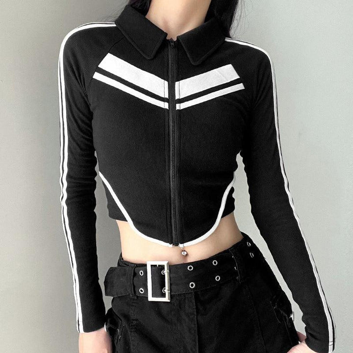 Sweet And Spicy Style Polo Collar Striped Short Stitching Coat Zipper Cardigan Long-sleeve T-shirt - Trendha