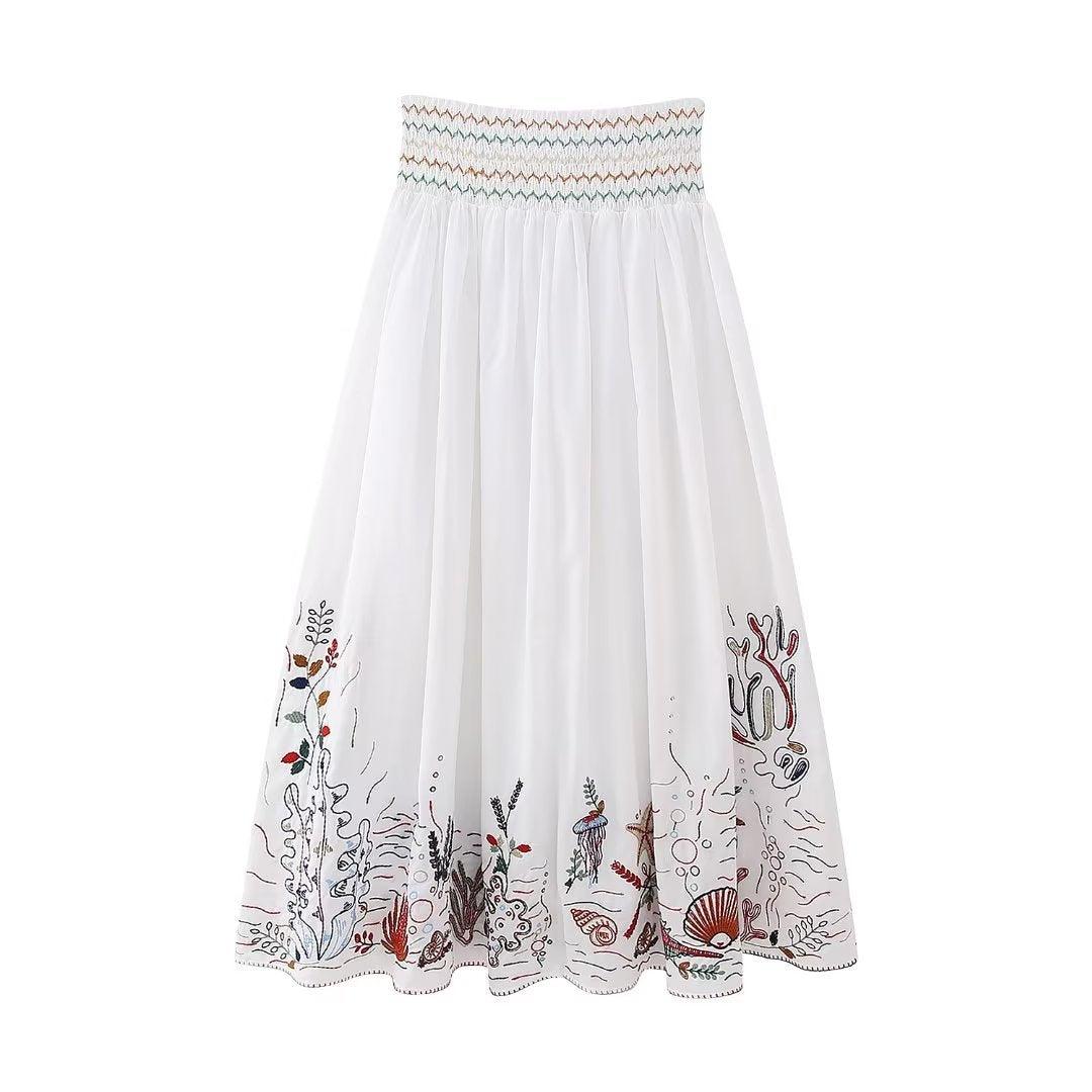 V-neck Embroidery Breasted Shirt High Waist Embroidery Skirt Suit - Trendha