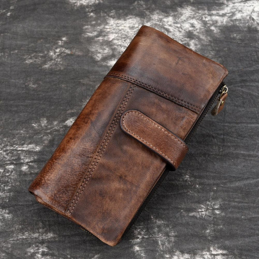 Vintage Rubbed Leather Fashion Stitching Long Wallet - Trendha