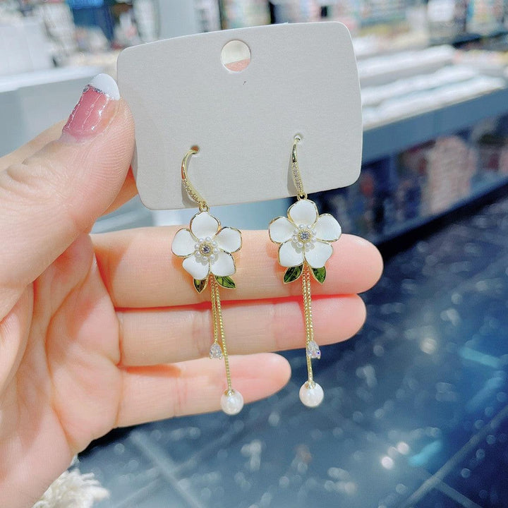 White Flower Tassel Pearl Long Earrings - Trendha