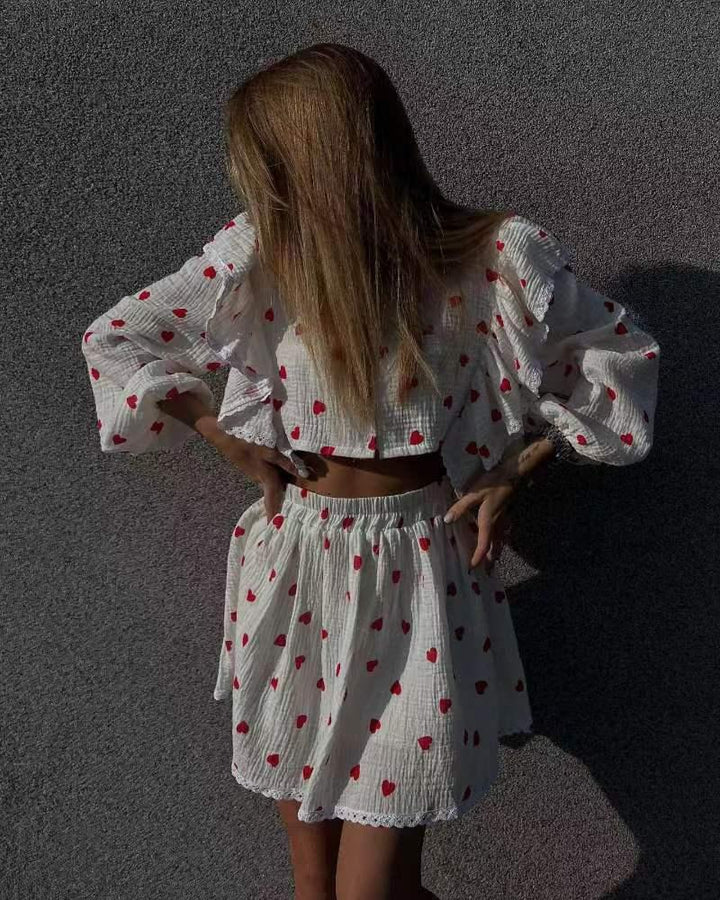 Women's Fashion Cotton-style Ruffled Strawberry Printed Short Skirt Suit - Trendha