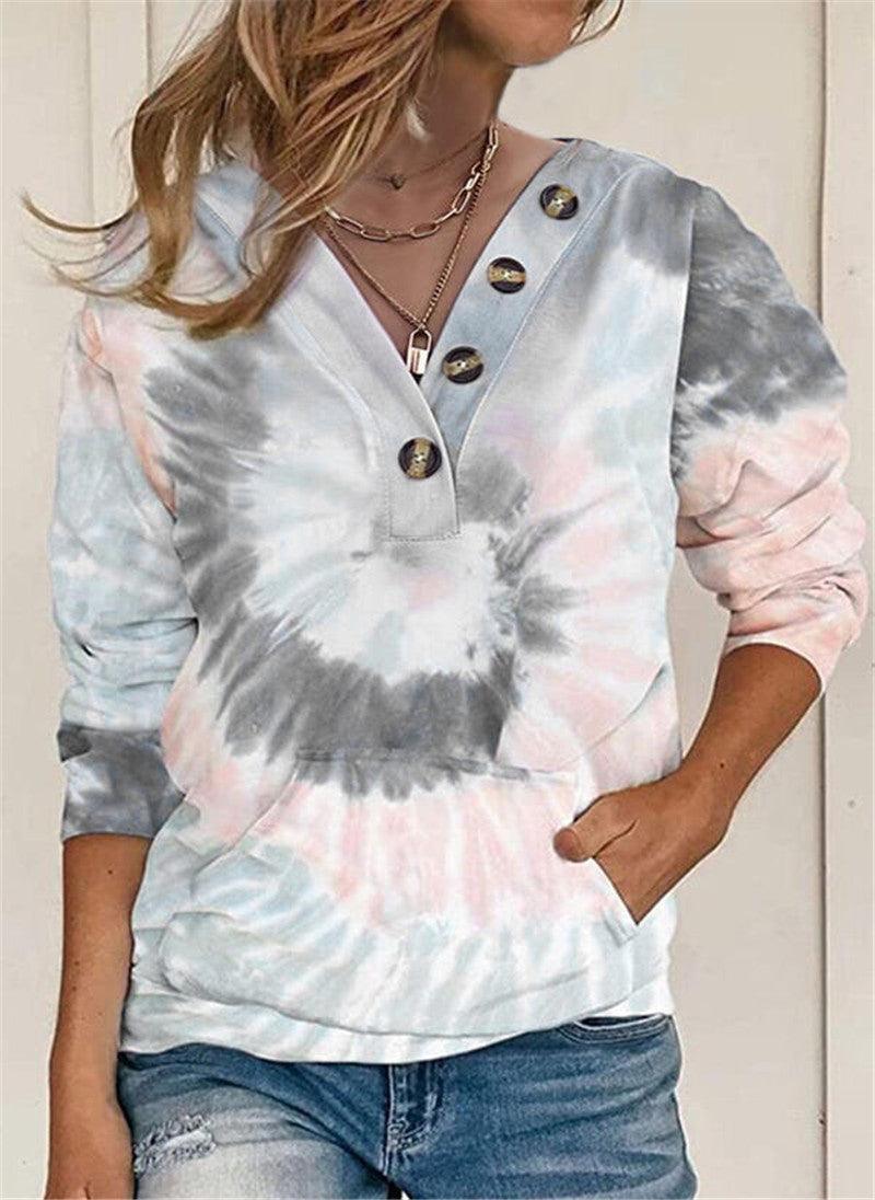 Women's Loose Tie-dyed Printed Button Long-sleeved Sweater - Trendha