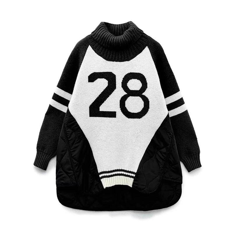 Women's Quilted Baseball Uniform Turtleneck Sweater Loose Idle Style Thermal - Trendha