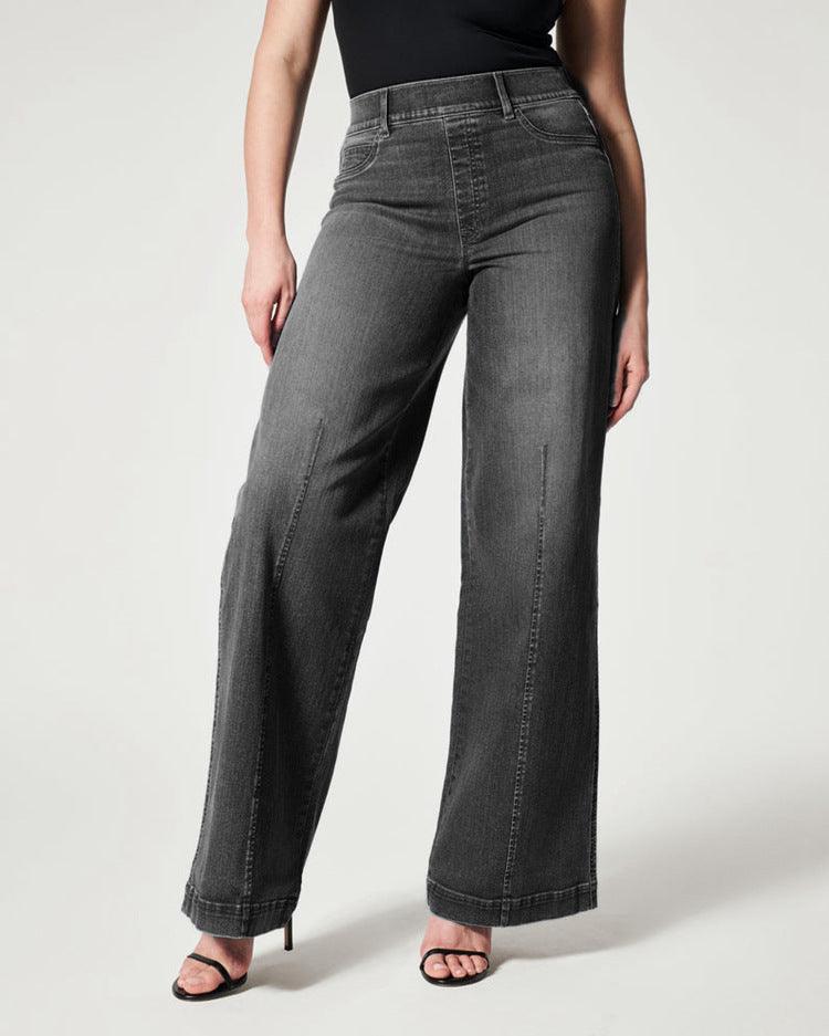 Women's Straight Jeans Mid Waist Wide Leg Pants High Elastic Waist Trousers - Trendha