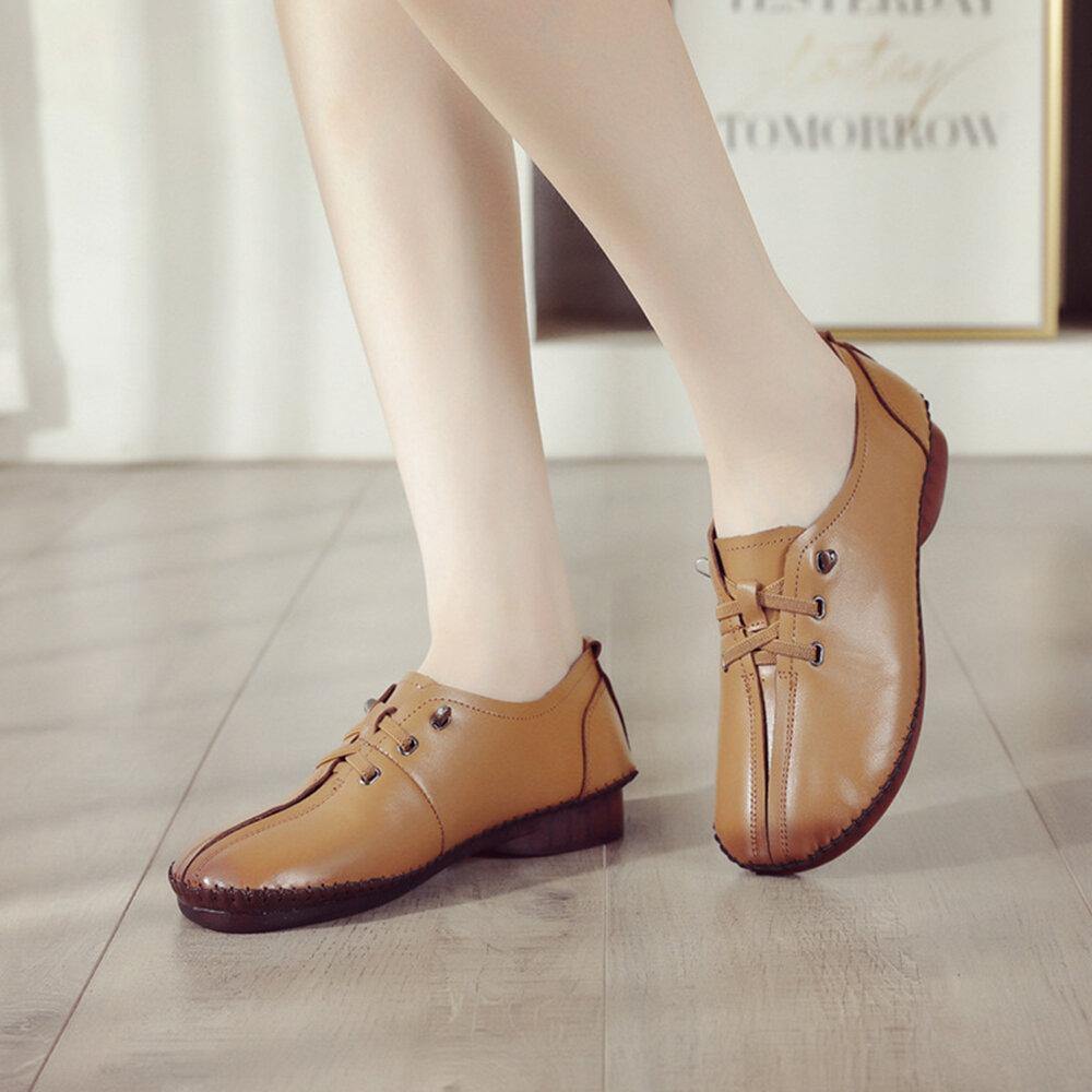 Women Comfy Stitching Genuine Leather Soft Lace Up Flats Loafters - Trendha
