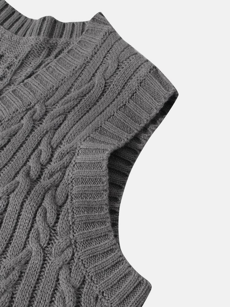 Mens Cable Knit V-Neck Solid Color Casual Sleevless Vests - Trendha