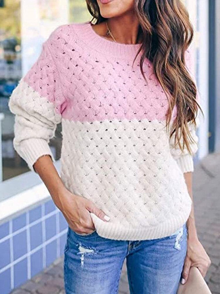 Women Colorblock Knitting Hollow Out Casual Long Sleeve Sweater - Trendha
