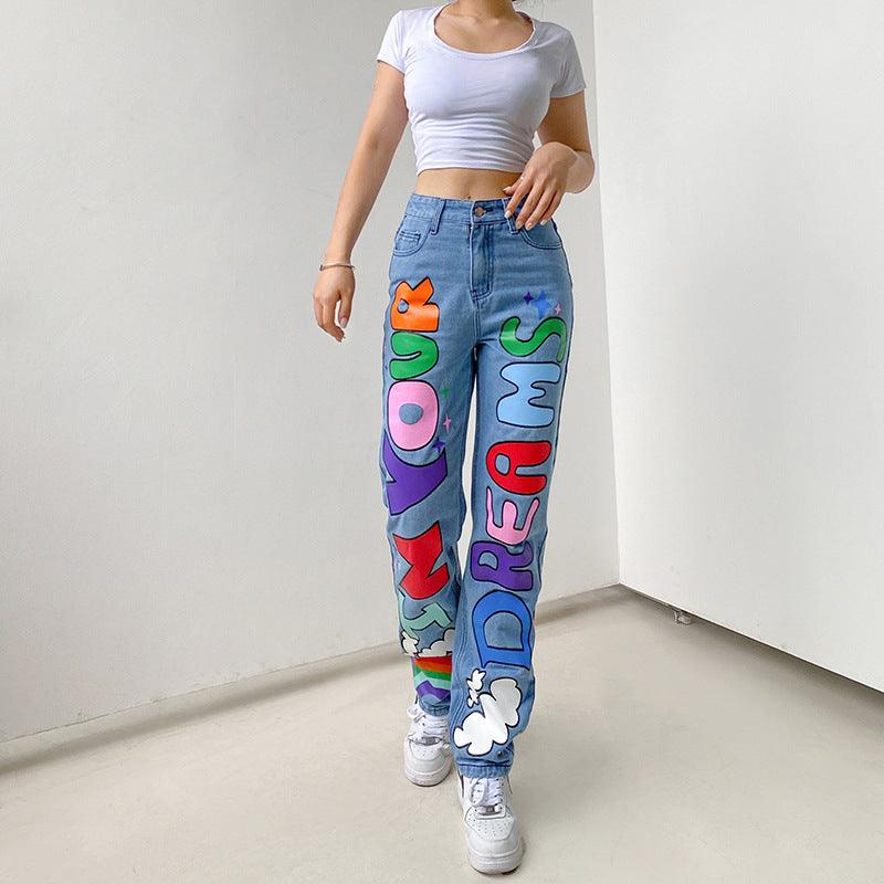 Sexy Contrast Color Letters Graffiti Print Loose Jeans - Trendha