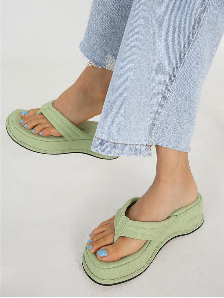 Heighten Flip-Flops Women'S Thick-Soled Outer Wear Green Wide-Edge Suede Flip-Flops - Trendha